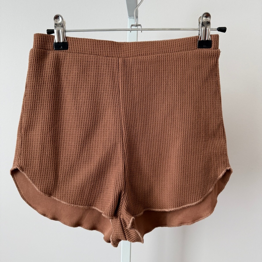 Salty sz S Womens Brown Waffle Knit Dolphin Hem Lounge Shorts Boho‎ Retro